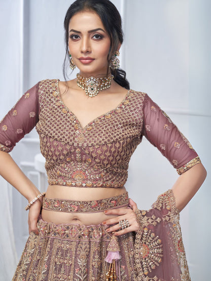 Odette Mauve Soft Net Embroidered Semi-Stitched Lehenga With Unstitched Blouse For Women
