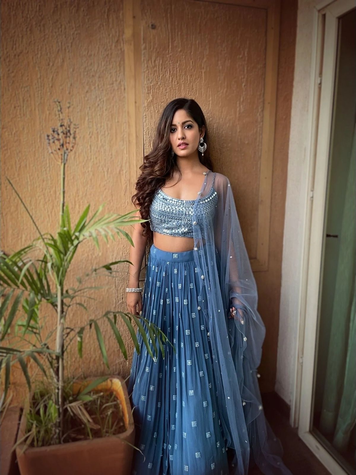 Odette Blue Georgette Embellished Semi-Stitched Lehenga For Women