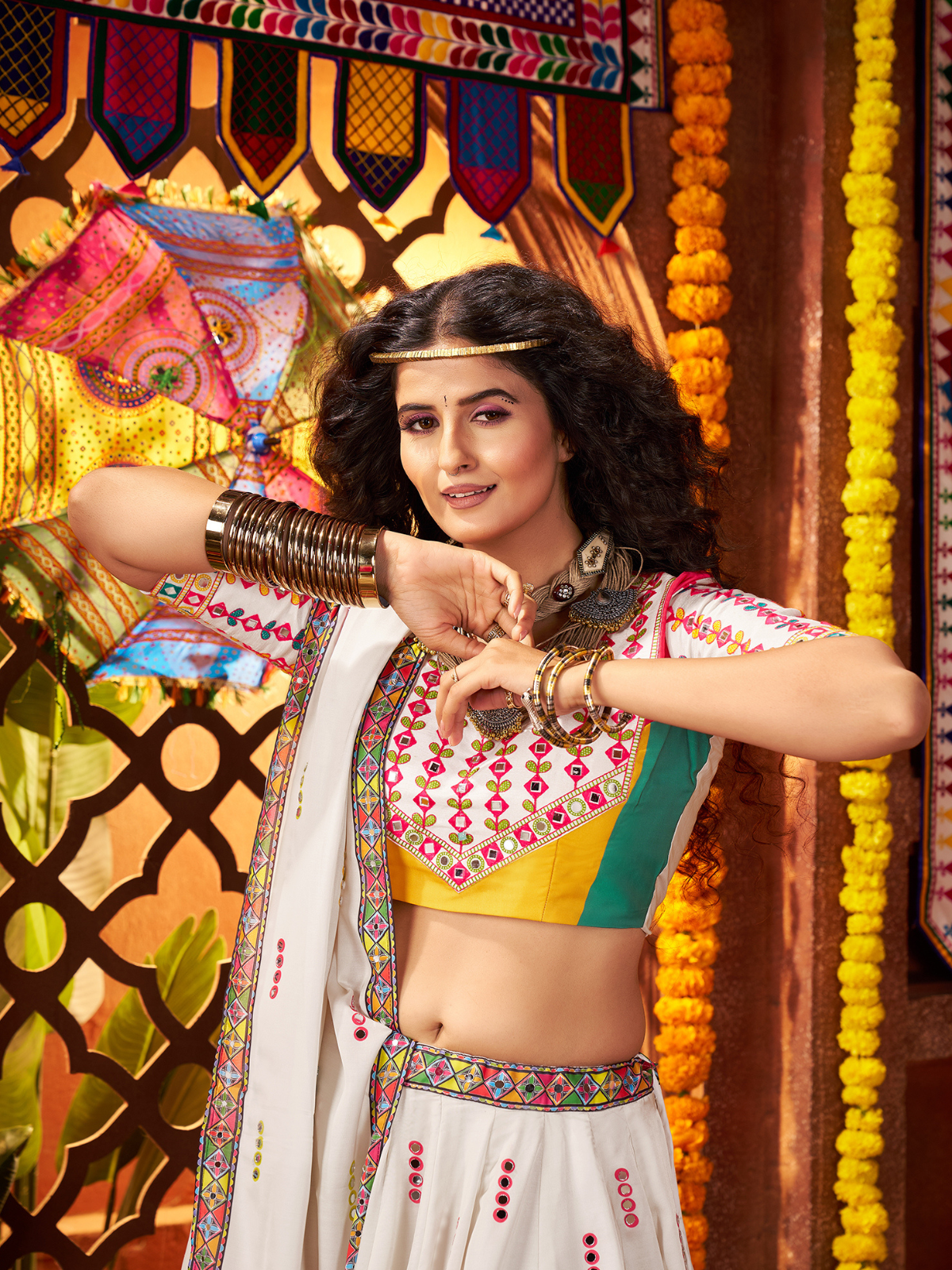 Odette White Silk Blend Printed Semi-Stitched Lehenga For Women