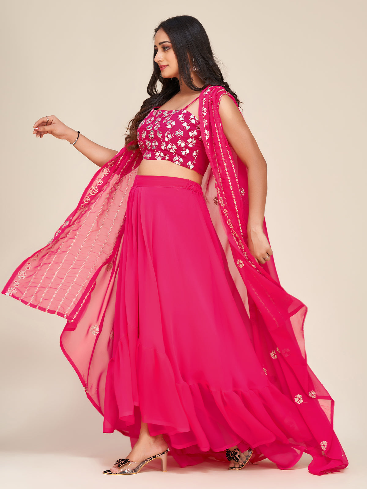 Odette Women Designer Pink Georgette Semi Stitched Lehenga With Unstitched Blouse