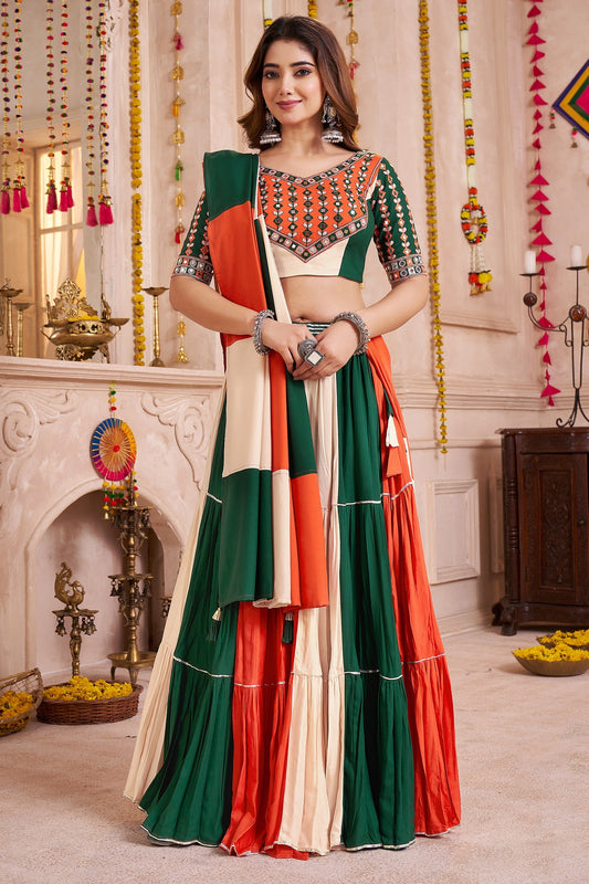 Multi Colored Viscose Frill and Flared Printed Chaniya Choli