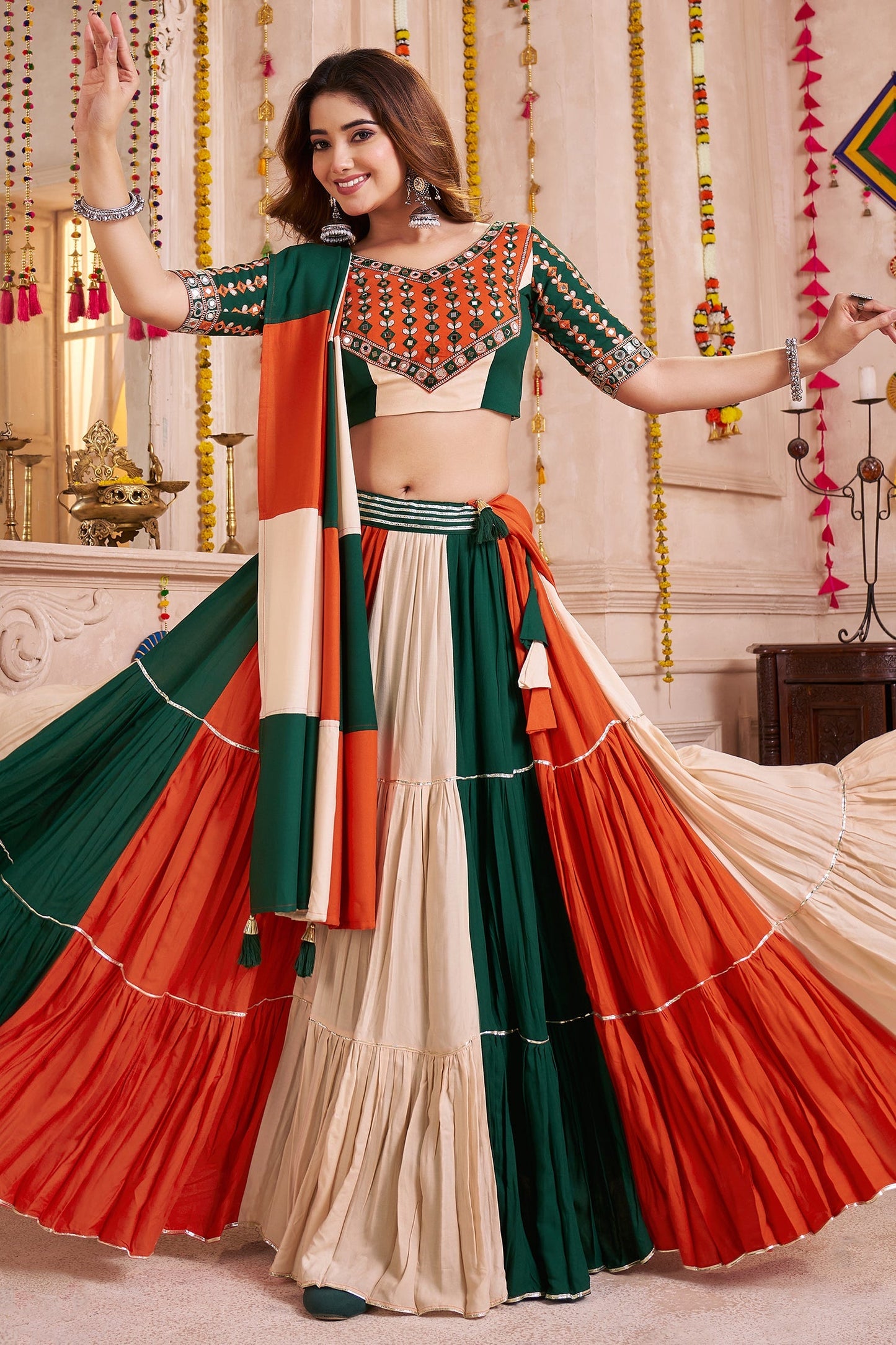 Multi Colored Viscose Frill and Flared Printed Chaniya Choli