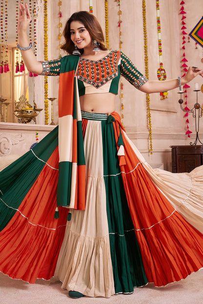Multi Colored Viscose Frill and Flared Printed Chaniya Choli