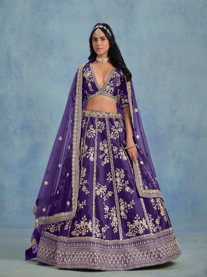 Odette Blue Art Silk Embroidered Semi-Stitched lehenga For Women