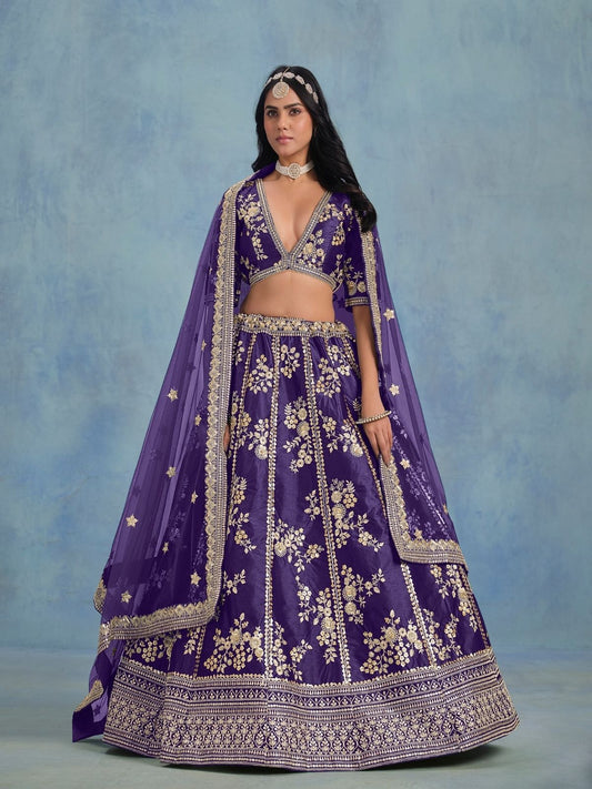 Odette Blue Art Silk Embroidered Semi-Stitched lehenga For Women