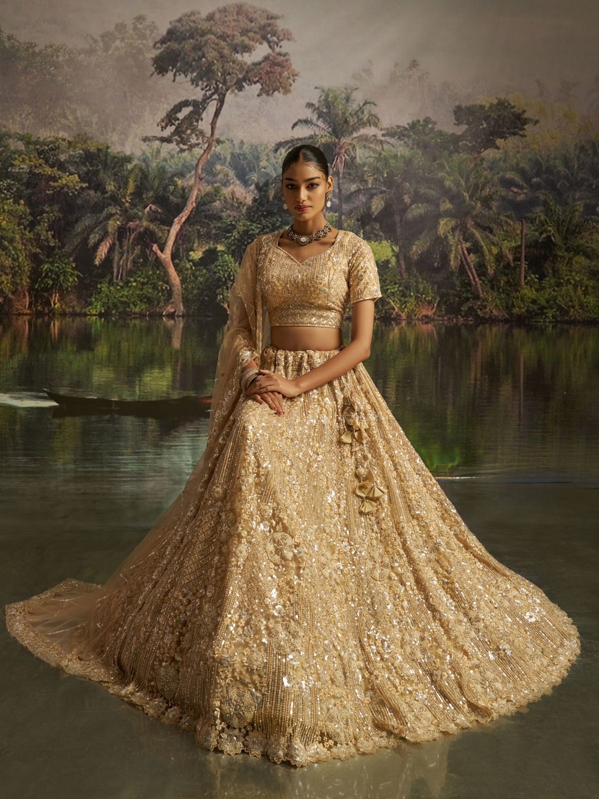 Odette Beige Net Embellished Semi-Stitched Lehenga For Women