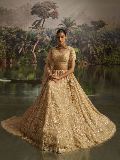 Odette Beige Net Embellished Semi-Stitched Lehenga For Women