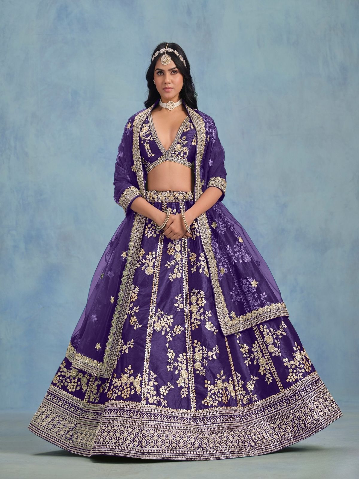 Odette Blue Art Silk Embroidered Semi-Stitched lehenga For Women