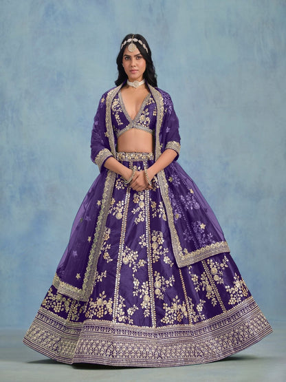 Odette Blue Art Silk Embroidered Semi-Stitched lehenga For Women