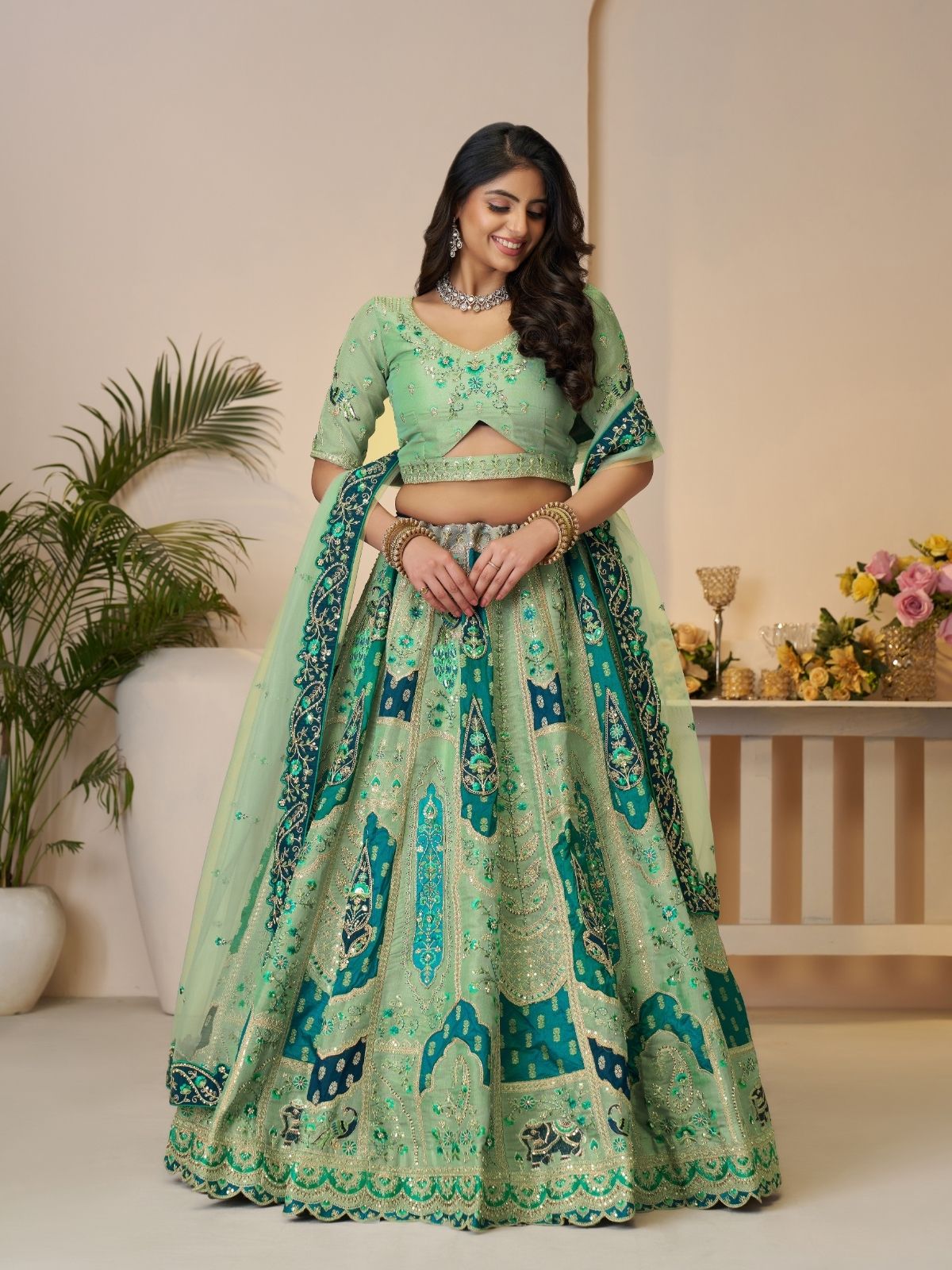 Odette Light Green Banarasi Silk Embroidered Semi-Stitched Lehenga For Women