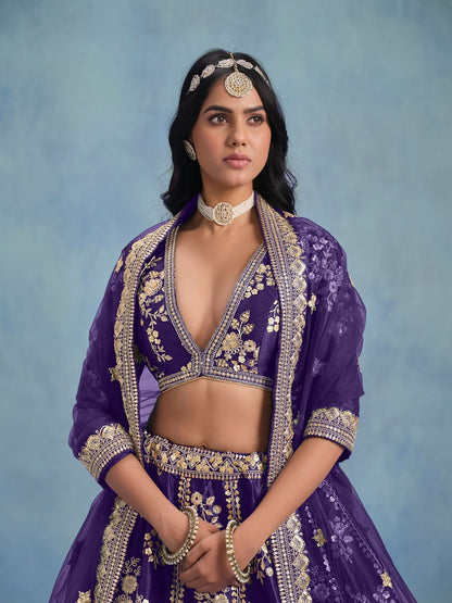 Odette Blue Art Silk Embroidered Semi-Stitched lehenga For Women