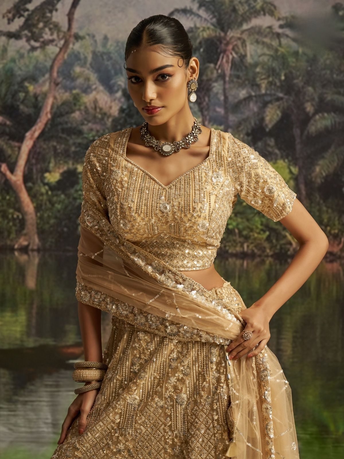 Odette Beige Net Embellished Semi-Stitched Lehenga For Women