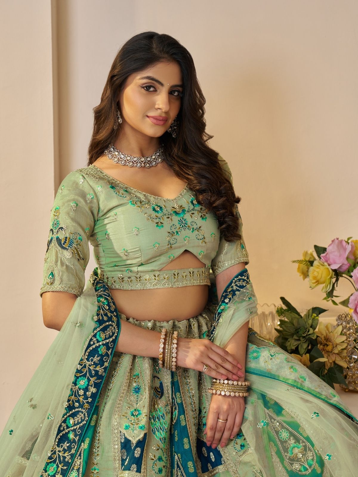 Odette Light Green Banarasi Silk Embroidered Semi-Stitched Lehenga For Women