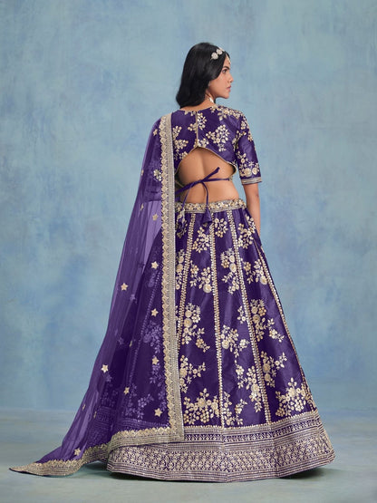 Odette Blue Art Silk Embroidered Semi-Stitched lehenga For Women
