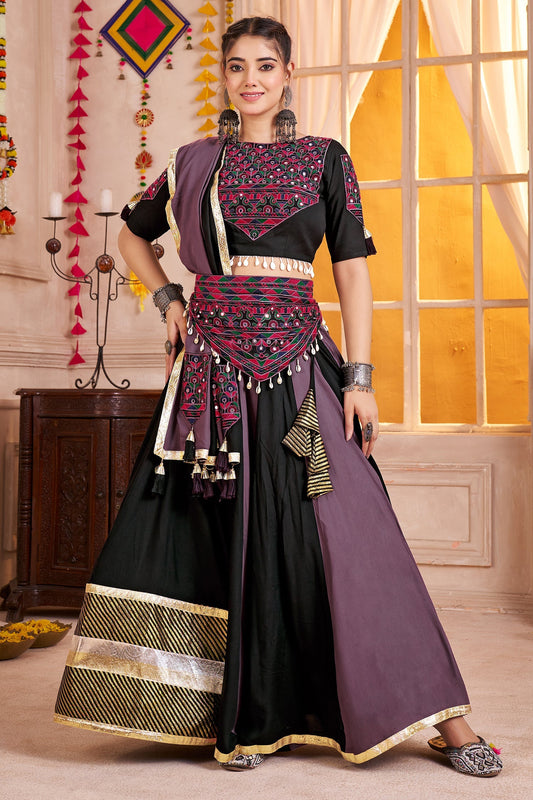 Multi Colored Viscose Flared Printed Chaniya Choli with Kachchi Work Dupatta