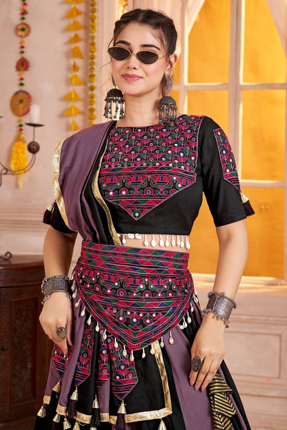 Multi Colored Viscose Flared Printed Chaniya Choli with Kachchi Work Dupatta