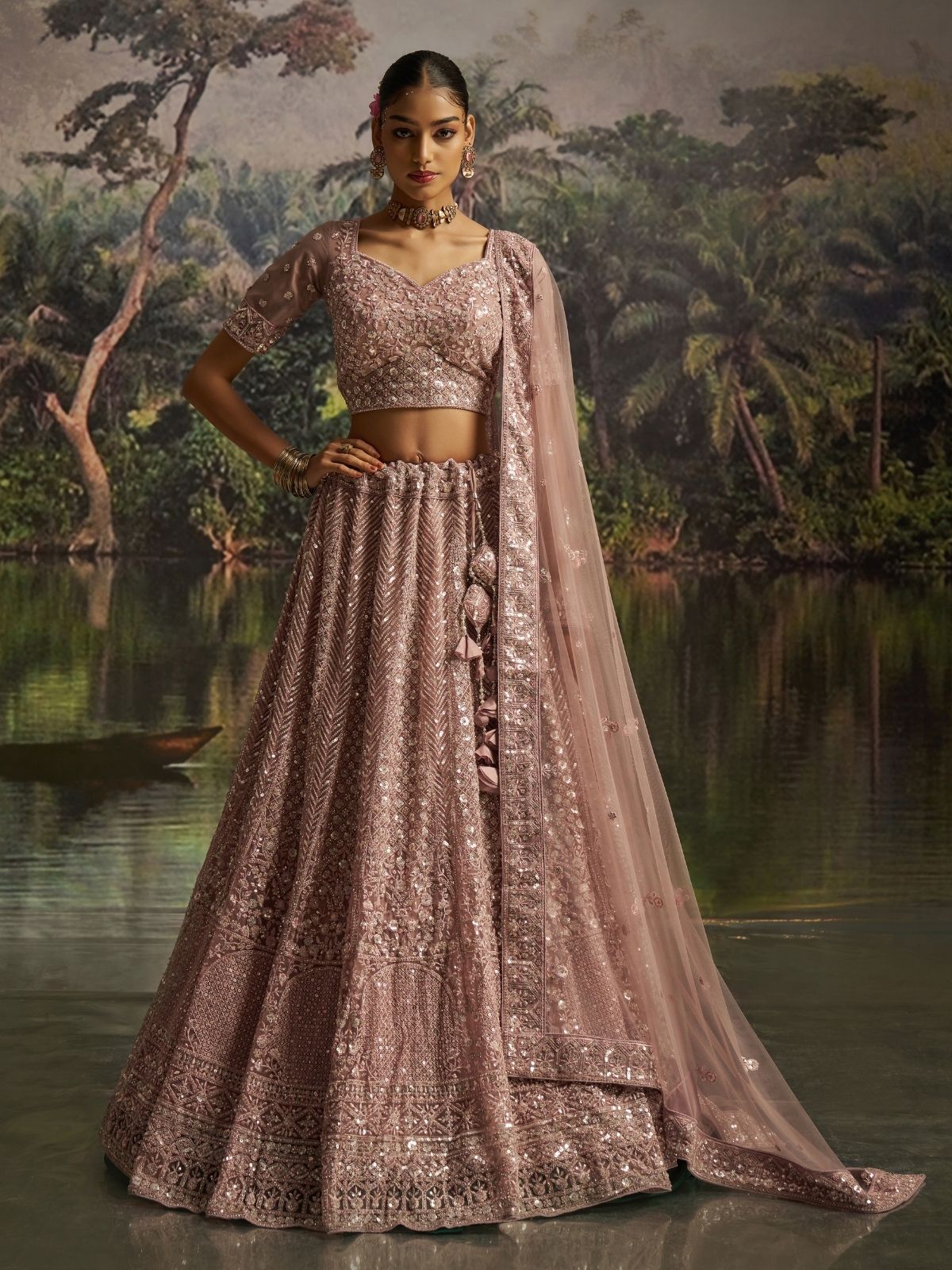 Odette Mauve Net Embellished Semi-Stitched Lehenga For Women