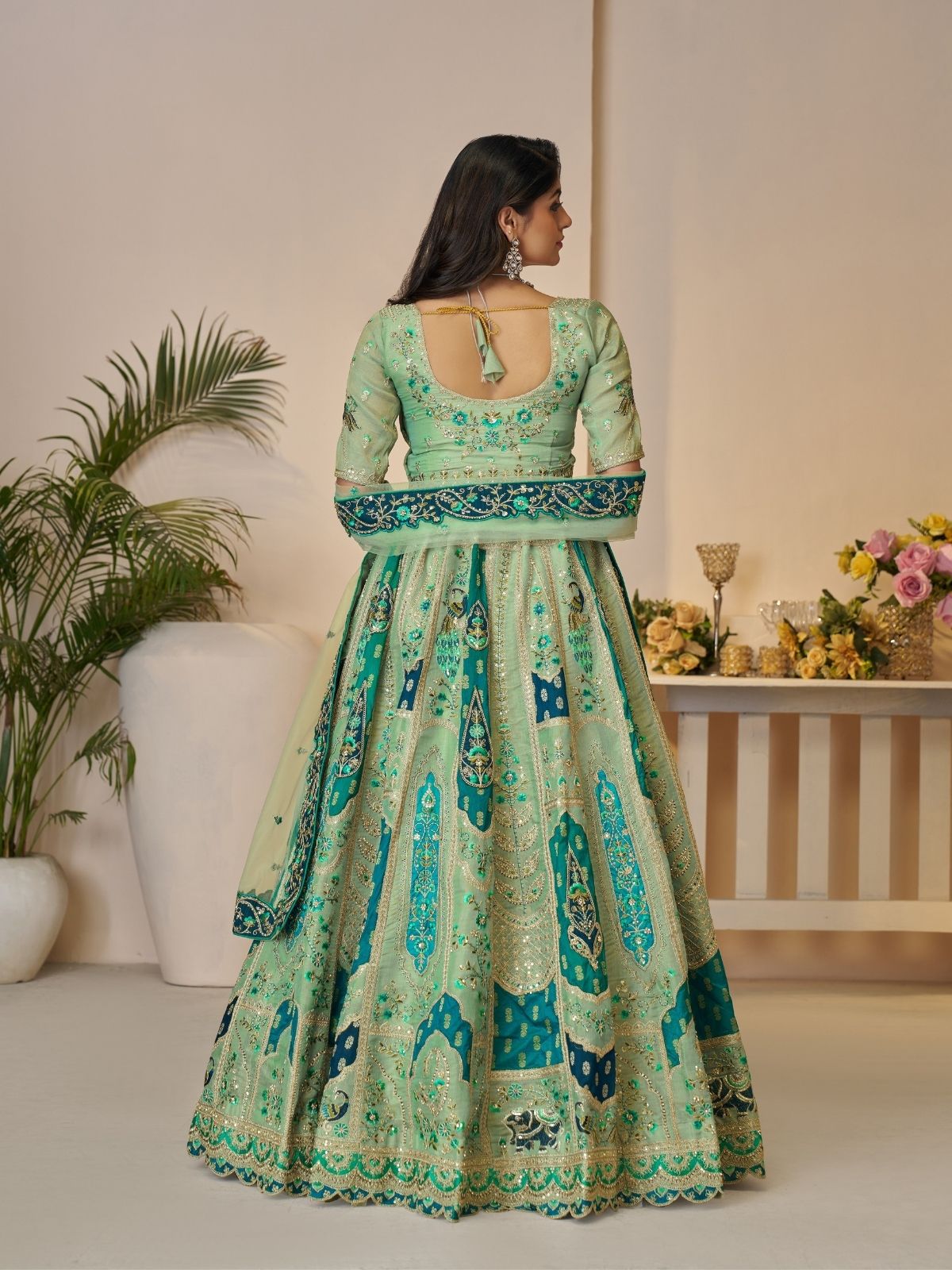 Odette Light Green Banarasi Silk Embroidered Semi-Stitched Lehenga For Women