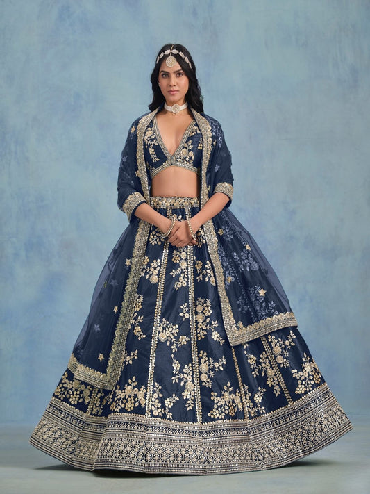 Odette Navy Blue Art Silk Embroidered Semi-Stitched lehenga For Women