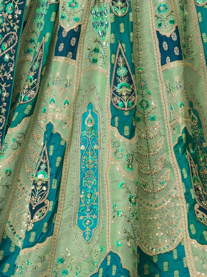 Odette Light Green Banarasi Silk Embroidered Semi-Stitched Lehenga For Women