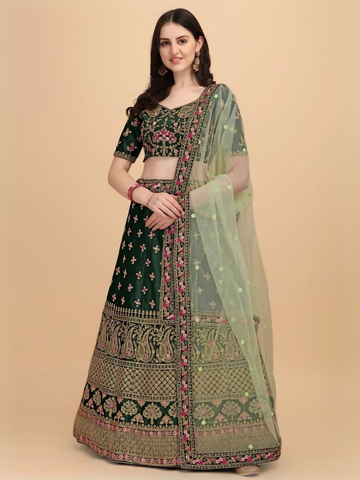 Odette Green Satin Silk Embroidered Semi-Stitched Lehenga For Women