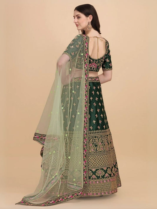 Odette Green Satin Silk Embroidered Semi-Stitched Lehenga For Women