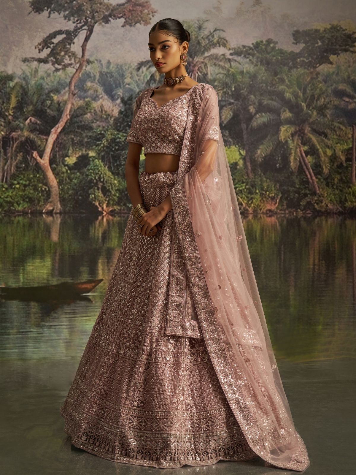 Odette Mauve Net Embellished Semi-Stitched Lehenga For Women