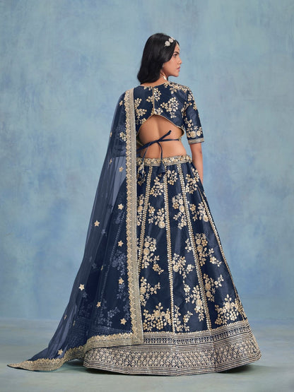 Odette Navy Blue Art Silk Embroidered Semi-Stitched lehenga For Women