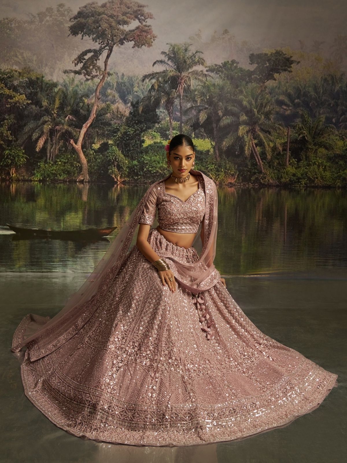 Odette Mauve Net Embellished Semi-Stitched Lehenga For Women