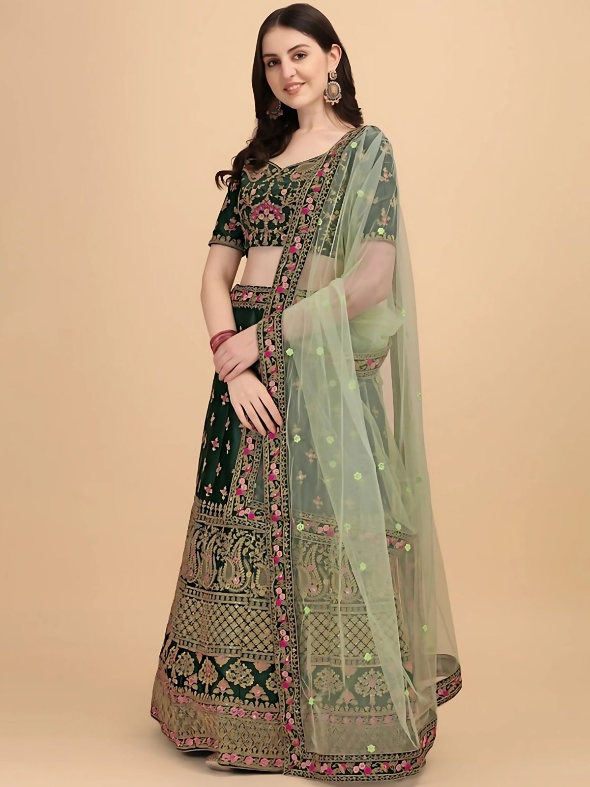 Odette Green Satin Silk Embroidered Semi-Stitched Lehenga For Women