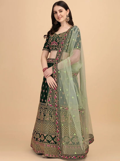 Odette Green Satin Silk Embroidered Semi-Stitched Lehenga For Women