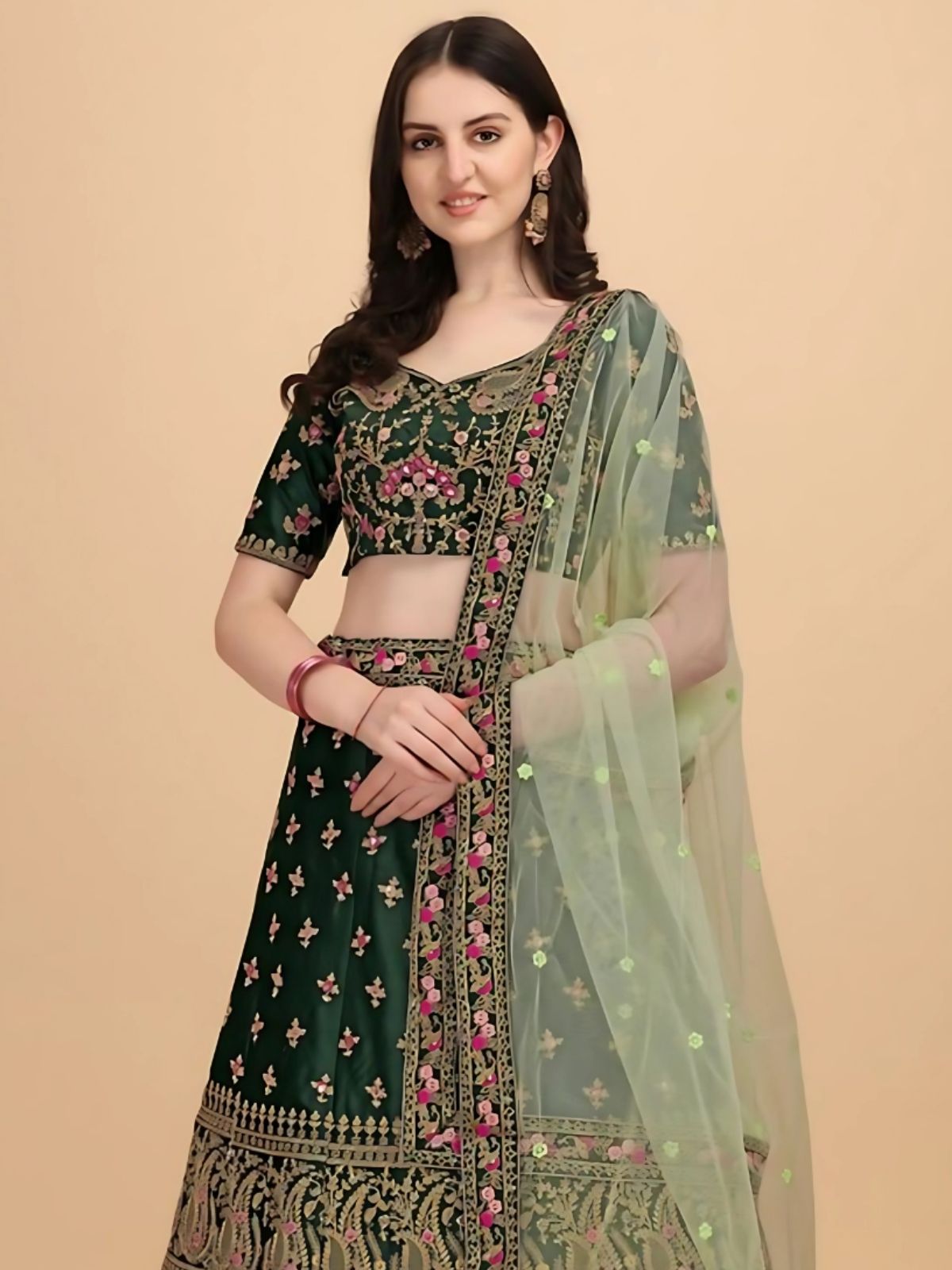 Odette Green Satin Silk Embroidered Semi-Stitched Lehenga For Women