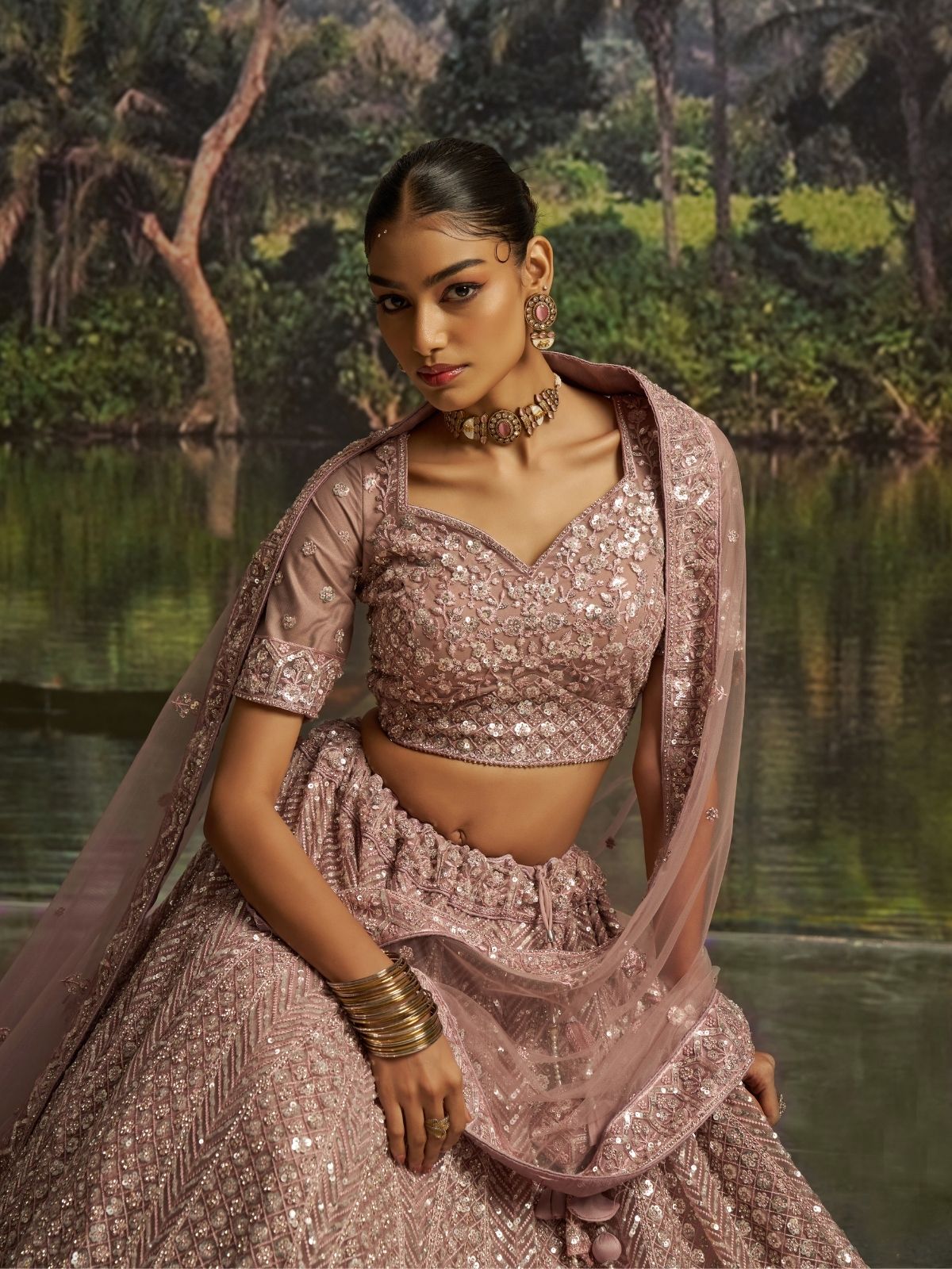 Odette Mauve Net Embellished Semi-Stitched Lehenga For Women