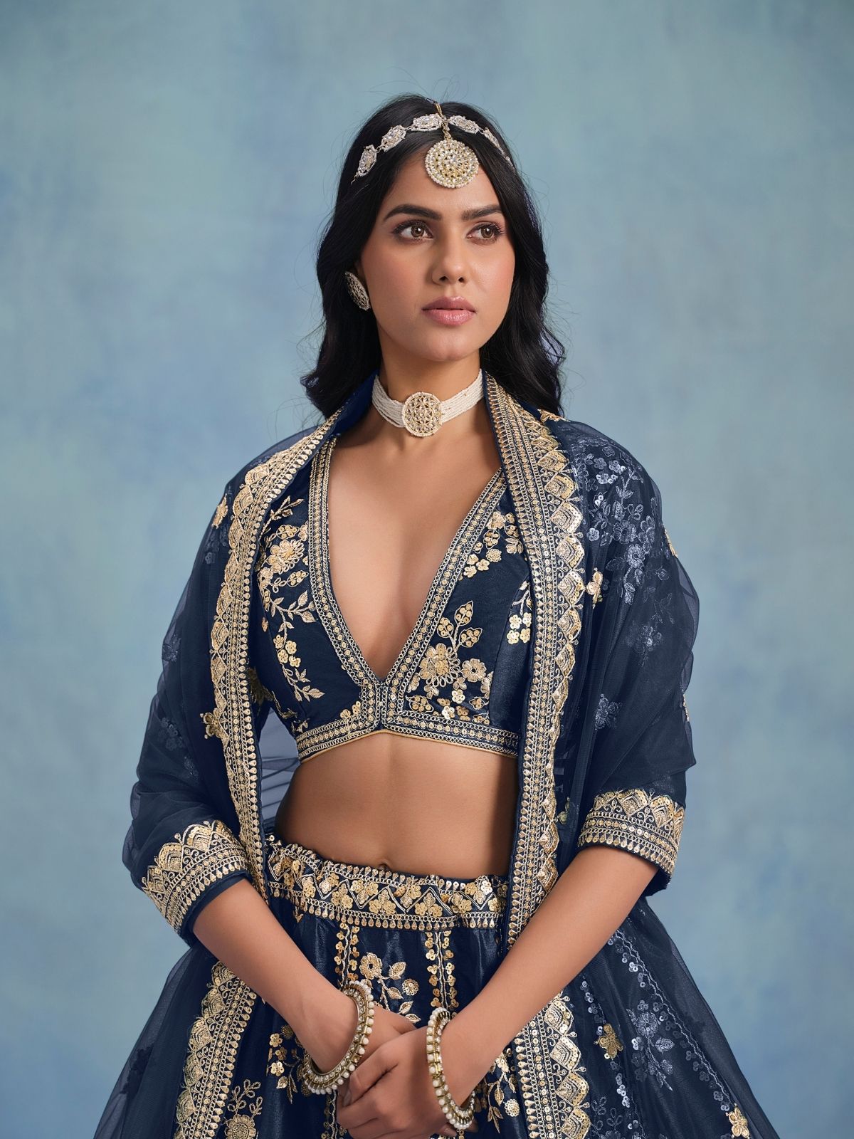 Odette Navy Blue Art Silk Embroidered Semi-Stitched lehenga For Women