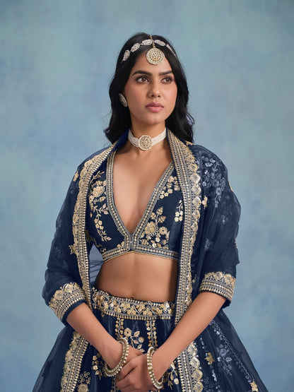 Odette Navy Blue Art Silk Embroidered Semi-Stitched lehenga For Women