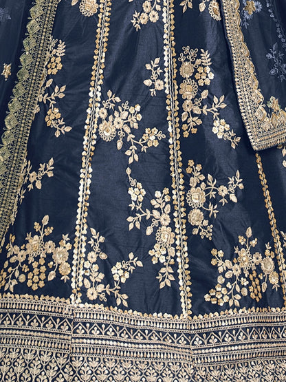 Odette Navy Blue Art Silk Embroidered Semi-Stitched lehenga For Women