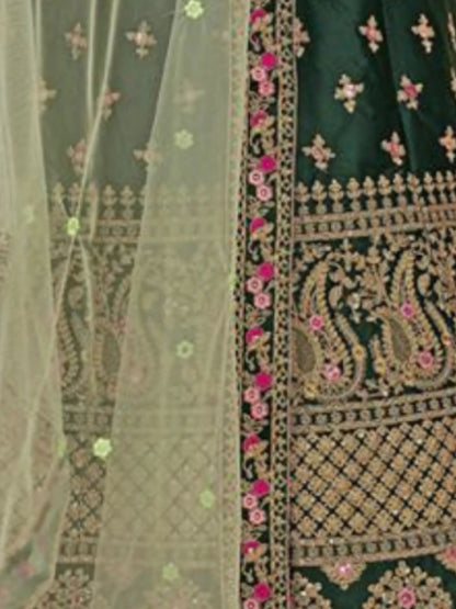 Odette Green Satin Silk Embroidered Semi-Stitched Lehenga For Women