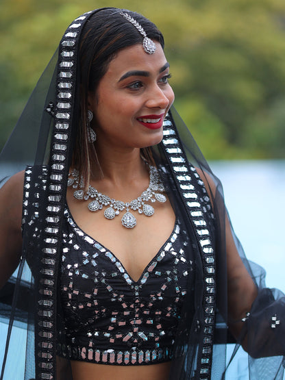 Odette Black Silk Blend Semi Stitched Lehenga With Unstitched Blouse For Women