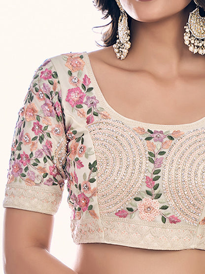 Odette Off White Embroidered Soft Net Semi Stitched Lehenga With Blouse For Women