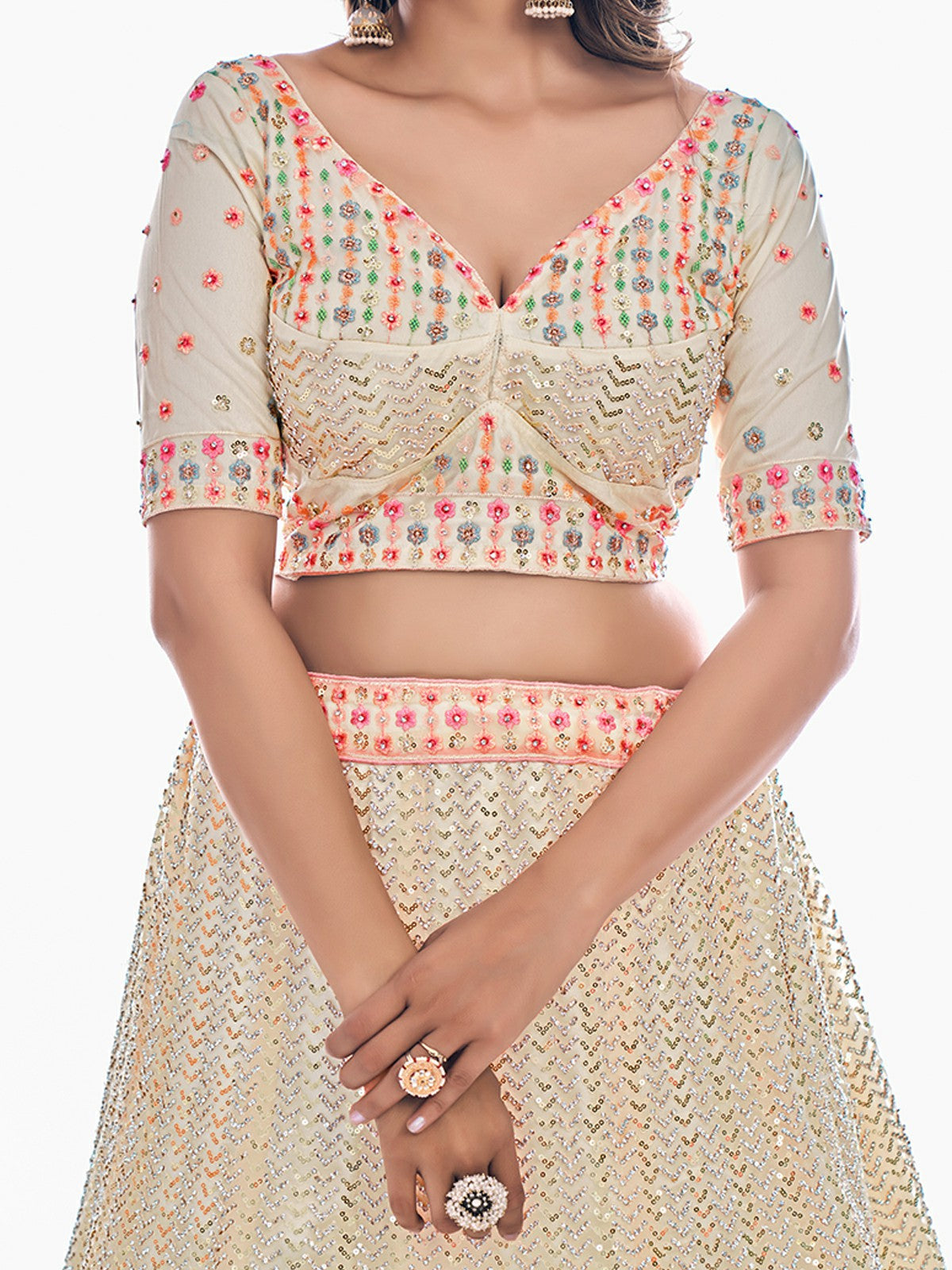 Odette Off White Embroidered Soft Net Semi Stitched Lehenga With Blouse For Women