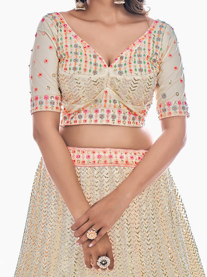 Odette Off White Embroidered Soft Net Semi Stitched Lehenga With Blouse For Women