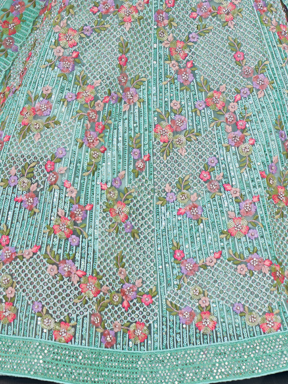 Odette Sea Green Embroidered Soft Net Semi Stitched Lehenga With Blouse For Women