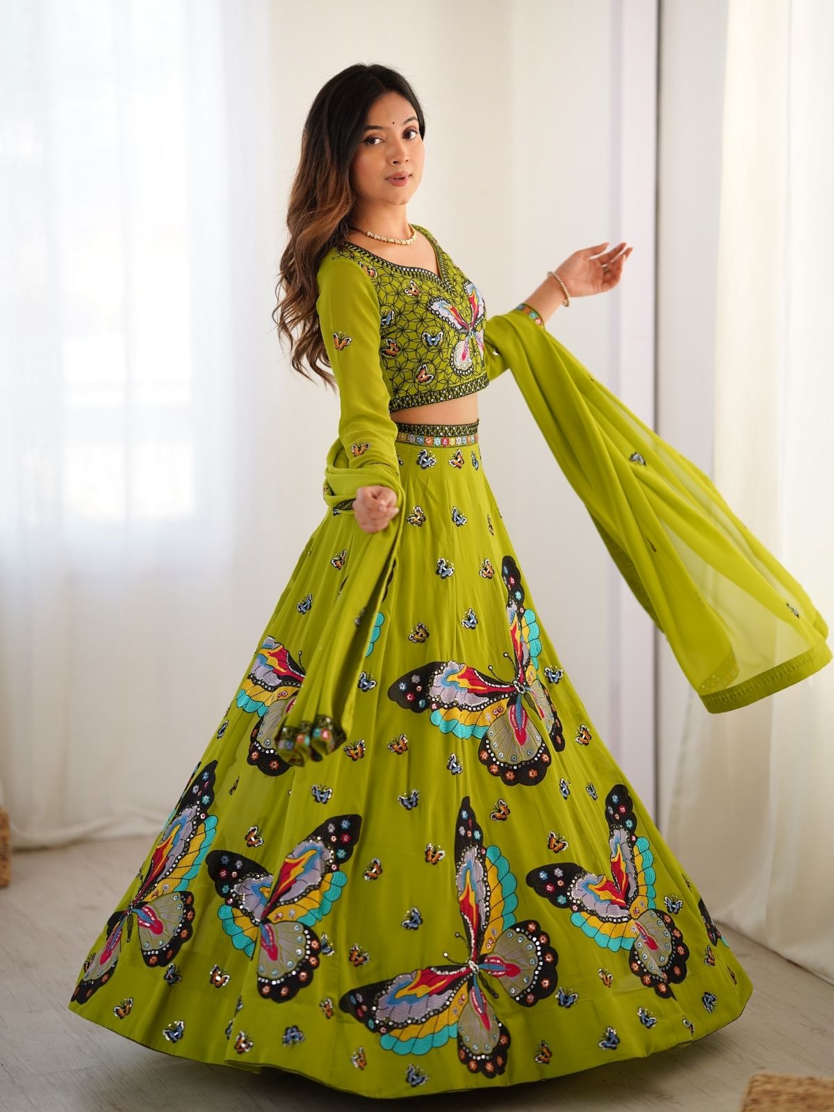 Odette Green Georgette Embroidered Semi-Stitched lehenga For Women