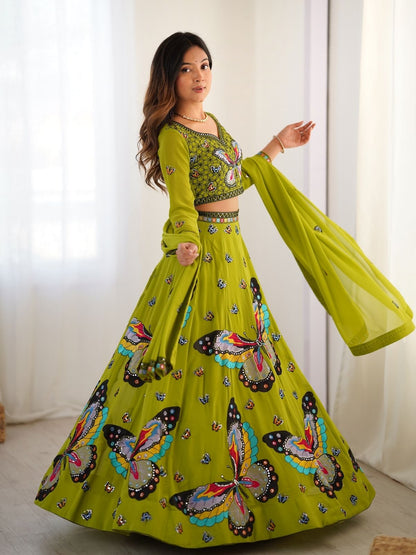 Odette Green Georgette Embroidered Semi-Stitched lehenga For Women