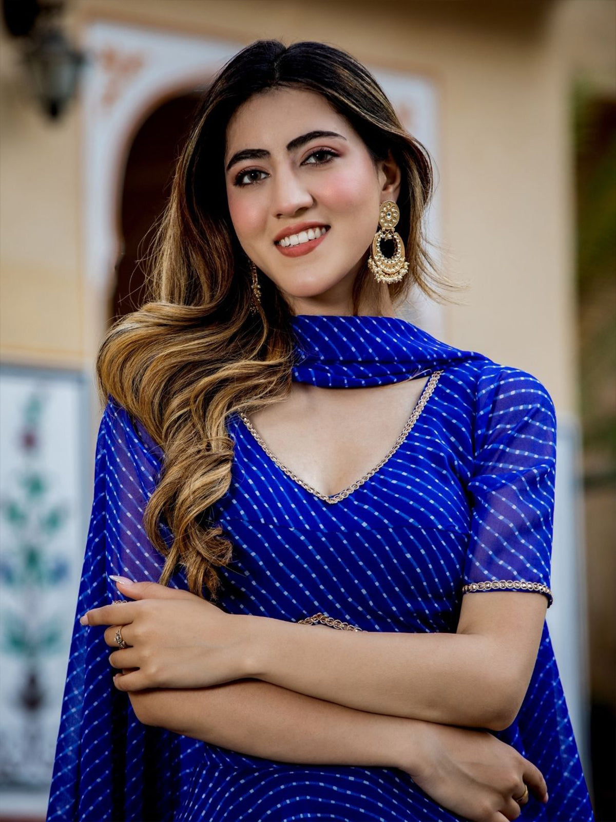 Odette Blue Georgette Printed Semi Stitched Lehenga With Unstitched Blouse For Women