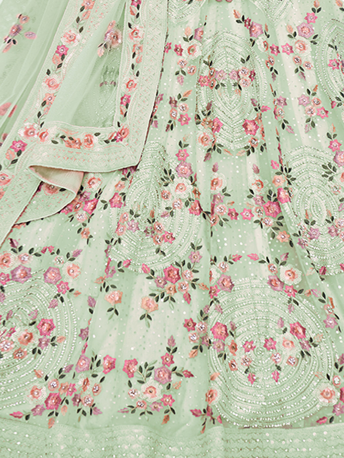 Odette Olive Embroidered Soft Net Semi Stitched Lehenga With Blouse For Women