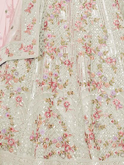 Odette Cream Embroidered Soft Net Semi Stitched Lehenga With Blouse For Women