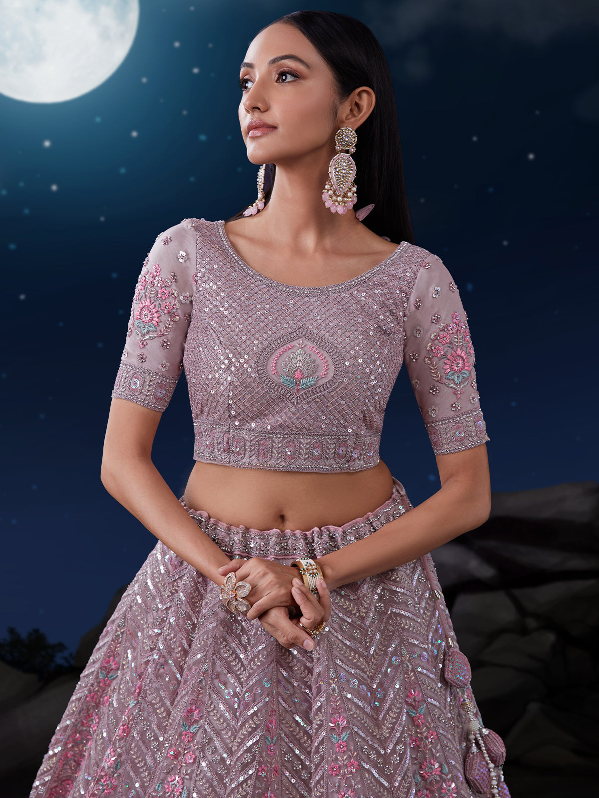 Odette Mauve Embroidered Soft Net Semi Stitched Lehenga With Blouse For Women