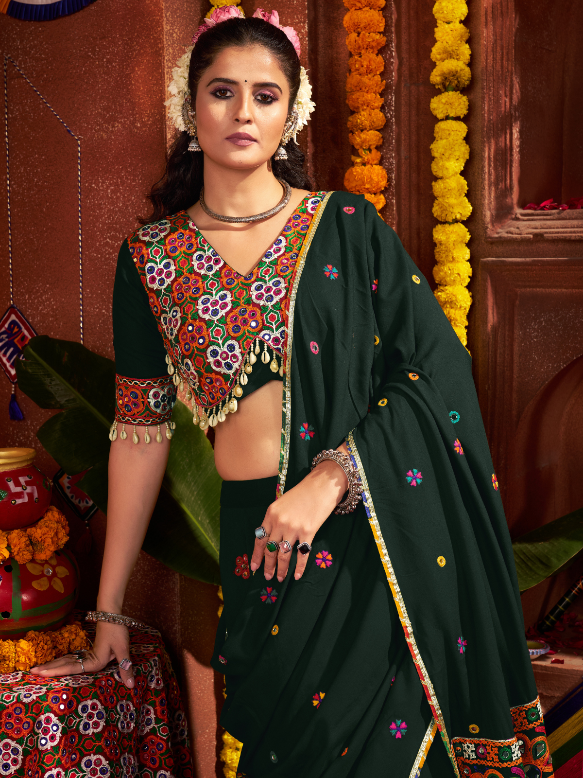 Odette Dark Green Cotton Blend Embroidered Semi-Stitched lehenga For Women