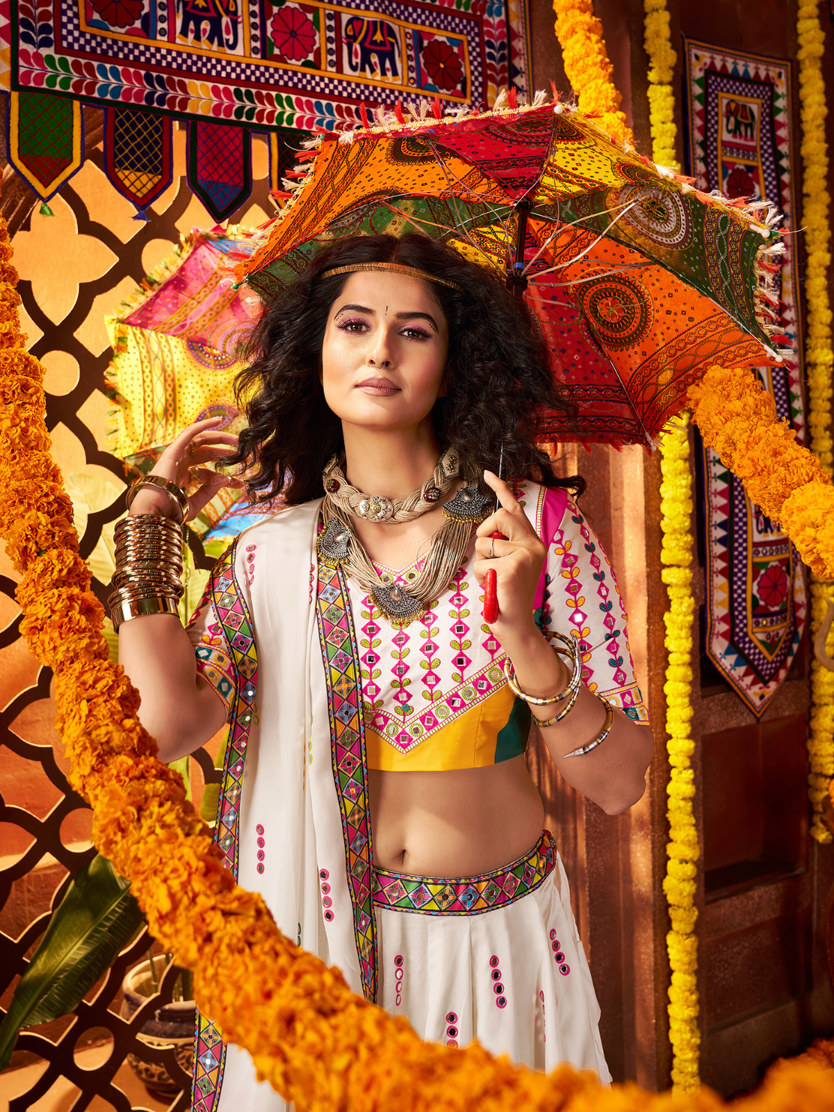 Odette White Silk Blend Printed Semi-Stitched Lehenga For Women